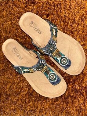 White Mountain Teal, Blue and Gold Beaded Toe-Post Sandals